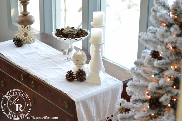 Winter decor includes bottle brushes and anythign with the illusion of snow.