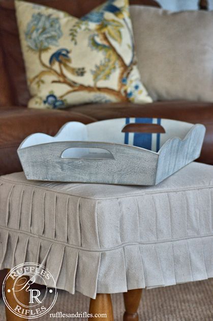 A thrifted wooden serving tray is painted inspired by an antique grainsack in Miss Mustard Seed's milkpaint for an updated look || Ruffles and Rifles