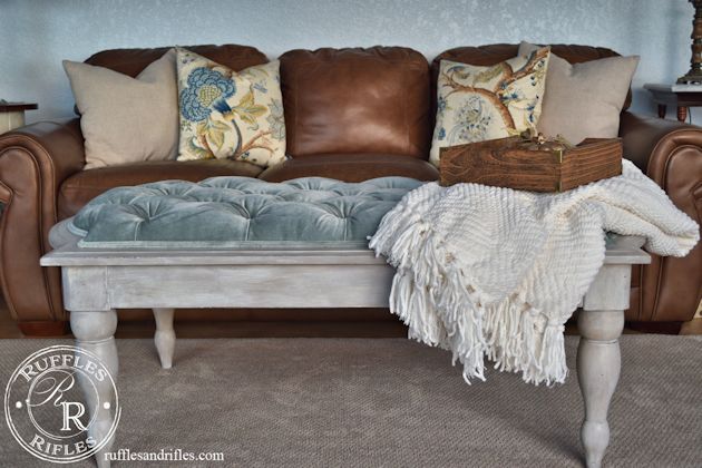 Thrifted Coffee Table Becomes a Velvet Tufted Ottoman